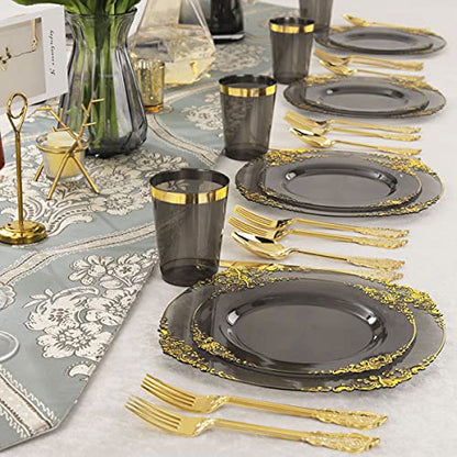 Nervure 175pcs Clear Black Plastic Plates - Gold Plastic Dinnerware Set for 25 Guests include 50 Disposable Plates,75 Gold Silverware,25 Cups,25 Napkins Perfect for Party&Independence Day - color: Black, style: 175Pcs(25Guests)