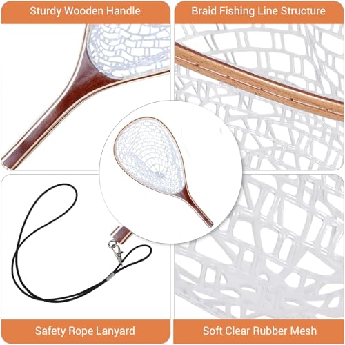 Fly Fishing Landing Net Soft Rubber Mesh Trout Net with Handle Catch and Release Nets Freshwater Saltwater Wooden Nets Gifts for Father Men