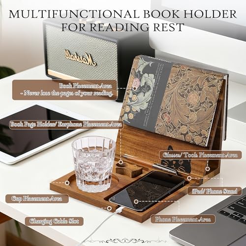 Book Holder Stand for Reading Rest, Wooden Foldable Book Rest with Book Page Holder, Cup, iPad & Phone Stand, Book Nook Reading Valet Desktop Triangle Bookstand Bookshelf for Readers Bookworms Gifts - color: Cat