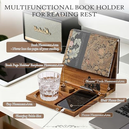 Book Holder Stand for Reading Rest, Wooden Foldable Book Rest with Book Page Holder, Cup, iPad & Phone Stand, Book Nook Reading Valet Desktop Triangle Bookstand Bookshelf for Readers Bookworms Gifts - color: Cat