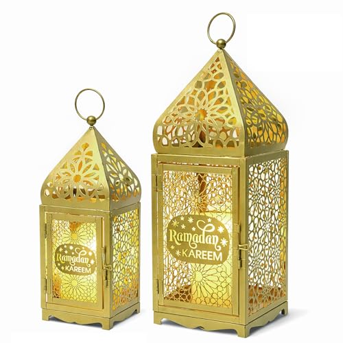 Ramadan Lanterns Gold Metal Islamic Fanous Hanging Candle Holder Decor for Ramadan & Eid, Eid Decorations for Home Table Window Porch, Large 14.6" & 11.4" Set of 2