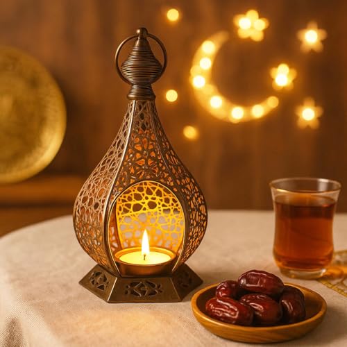 Ramadan Lantern Candle Holder for Home Decor, 9 Inch Hanging Metal Moroccan Lantern with Cutout Pattern, Ramadan Decorations for Home Tabletop Mantel, Eid Mubarak Ramadan Decor