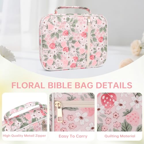 Bible Cover Case for Women Large Bible Cover with Durable Handle Quilted Bible Carrying Case for Girls Bible Study Supplies Accessories (Strawberry Garden, Strawberry Garden) - color: Strawberry Garden