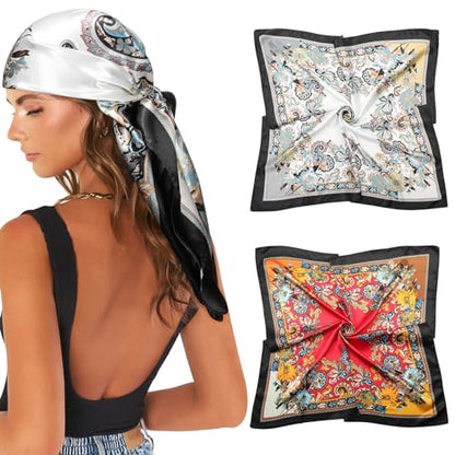 AWAYTR 35” Large Satin Square Head Scarf - 2Pcs Silk Like Floral Head Scarves Square Satin Hair Scarf Bandanas for Women - color: Cashews (Black+red)