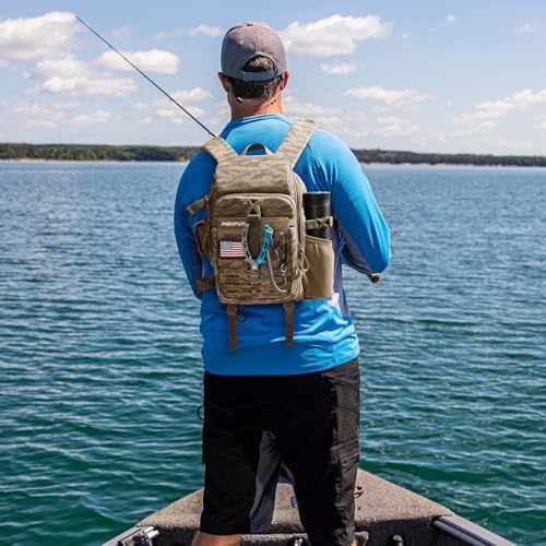 Piscifun Fishing Tackle Backpack, Rod & Gear Holder, Water-Resistant | 15L storage, breathable padding & adjustable shoulder straps, MOLLE panel, Khaki Camouflage - color: Khaki Camouflage, size: Standard