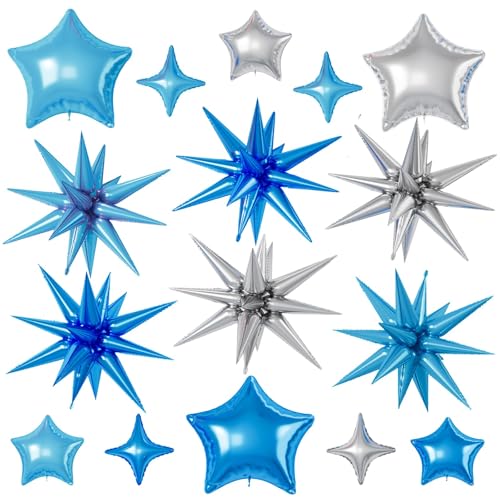Blue Silver Star Balloons, 22/18/10 Inch Foil Balloons, Four-Pointed Balloon for Boy Men Birthday Graduation Wedding Baby Shower Party Decorations - color: Blue Silver