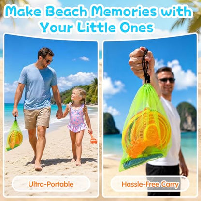 Collapsible Beach Toys for Kids, 2 Packs Foldable Silicone Sand Buckets Set with 4 Packs Sand shovels and Mesh Bag, Travel Beach Essentials for Sandbox, Pool, Camping,Fishing, Summer Party Favors - color: Red-yellow