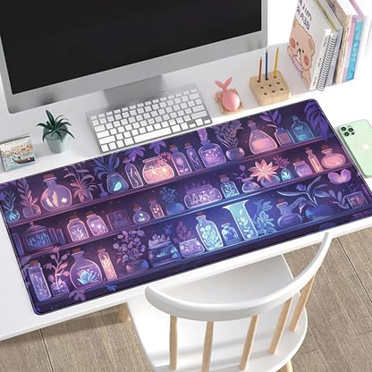 Cute Cozy Purple Gaming Desk Mat, Mystical Potion Bottles Mouse Pad XXL Large Extended Aesthetic Apothecary Shelf Desk Pad, Fun Computer Desktop Pad Mat Laptop Keyboard and Mouse Mat 31.5x15.7 in - color: Purple Potion Bottles
