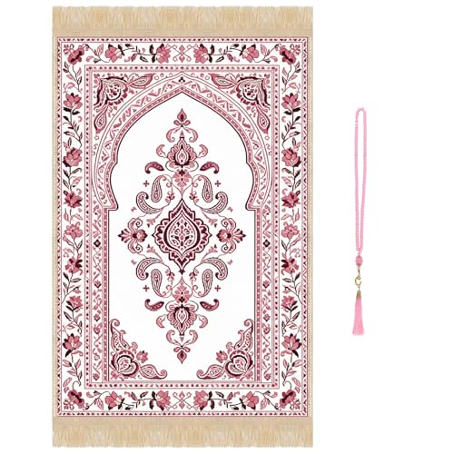 Prayer Mat Beads Ramadan Gifts - Thick Pink Muslim Prayer Rug Islamic Tasbih Prayer Beads, Islamic Praying Mat Carpet for Namaz Salah Meditation Eid Decorations for Home - color: Pink