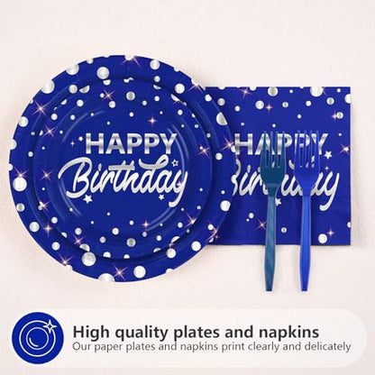 96Pcs Blue and Silver Birthday Party Decorations Silver Polka Dots on Blue Paper Plates and Napkins Disposable Tableware for Men Birthday Party Father's Day Graduation Decorations 2026 Serves 24 - style: Blue Sliver Wave Point Birthday Sets
