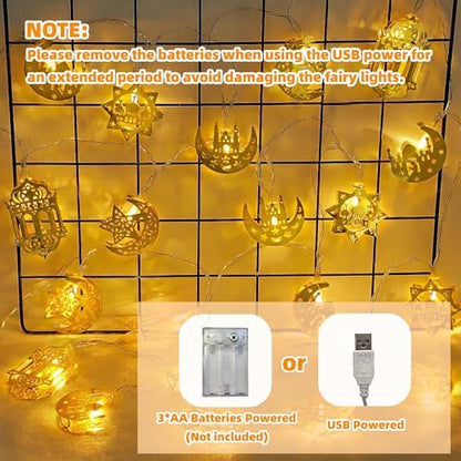 Ramadan Decorations for Home Ramadan Lights 13FT 20LED USB or Battery Operated 8 Modes Timer Iron Star Moon Fairy Twinkle Lights Eid Mubarak Decor Warm White (Metal R20)