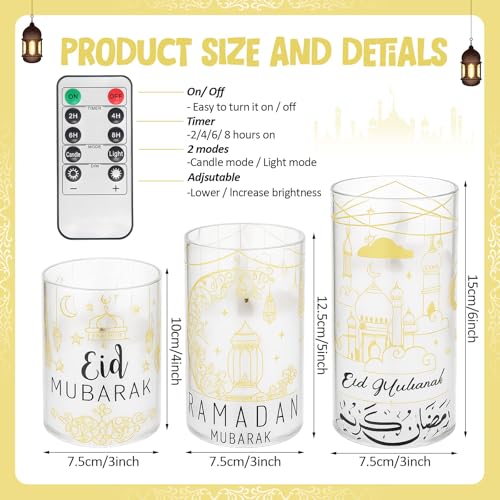 Huquary 3 Pcs Eid Mubarak Pillar Flameless Candles with Remote Ramadan Decorations Ramadan LED Flickering Candles Battery Operated Plastic Pillar Candlesticks for Eid Fit Gifts Home Decor, 3", 5", 6"