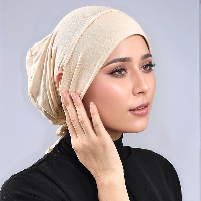 Jersey Hijab Undercap with Earhole, Slouchy Stretch Beanie Inner Caps, Breathable Under Scarf Liner Cap (1PC/3PC) - color: White+pink+beige