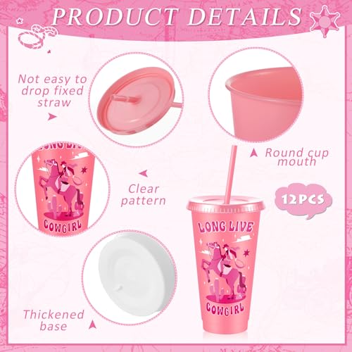 Chuangdi 12 Pcs Cowgirl Western Party Favors Pink Cowgirl Plastic Tumbler Reusable 24 oz Cups with Lids and Straws for Birthday Baby Shower Last Rodeo Party Supplies - style: Cowgirl