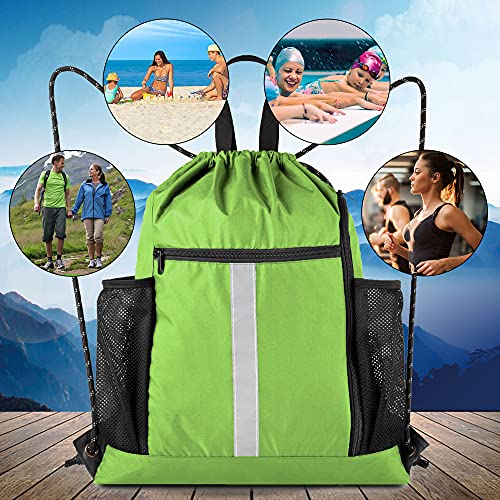 BeeGreen Cinch Bag Backpack String Gym Sackpack with Shoe Compartment and Two Side Mesh Pockets Large Lightweight Portable Sport Drawstring Sack - color: Lime, style: Drawstring With Shoe Compartment