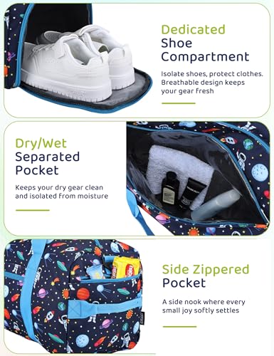 Kids Duffle Bag for Boys,RAVUO Water Resistant Travel Bag Overnight Bag Weekender Carry On Bag for Gym Sport with Shoe Compartment and Wet Pocket Space - color: Astronaut