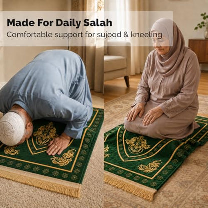 UrmiX Memory Foam Knee Support Prayer Rug/Mat– Orthopedic Style Thick Padded Janamaz Sajada, Premium Velvet Islamic Rug with Non-Slip Base, Tasbih Beads & Gift Box Included (Green) - color: Emerald Green
