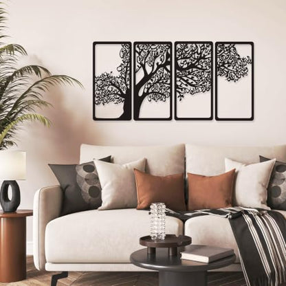 YATEASLU 4 Quls Islamic Wall Art Set - Metal Arabic Calligraphy Decor | Set of 4 matte black metal surah tree plaques.Features Al-Falaq,An-Nas,Al-Kafirun,Al-Ikhlas.Pre-drilled with screws.