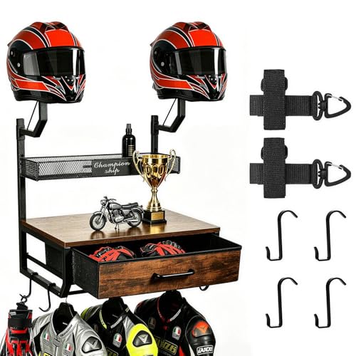 Motorcycle Helmet Holder Wall Mounted with 4 Hanging Hooks, Drawer & Mesh Basket, All-in-On Easy Access Gear Storage Organizer for Helmets Shape Protection, Motorcycle Accessories, Black