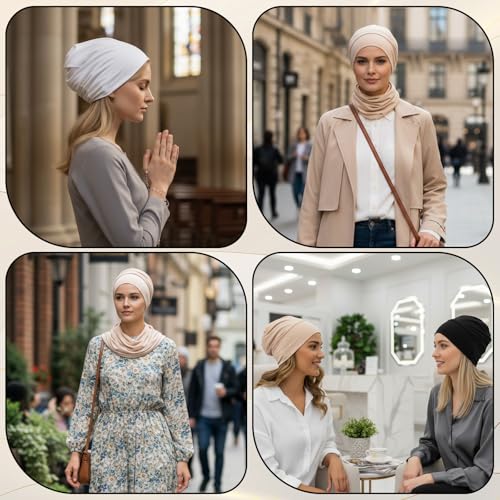 3 Pcs Women Hijab Undercap, Non Slip Hijab Cap, Solid Color Undercap Under Scarf for Women (Black, White, Khaki)