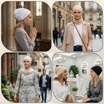 3 Pcs Women Hijab Undercap, Non Slip Hijab Cap, Solid Color Undercap Under Scarf for Women (Black, White, Khaki)