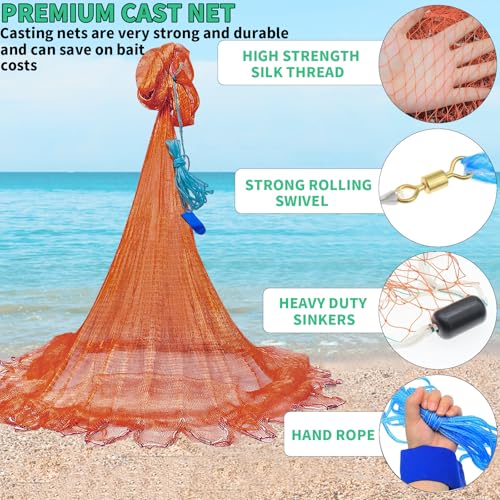 Saltwater Fishing Cast Net Eco-Friendly Rubber Sinker 1/2 Inches Mesh for Bait Shrimp Trap Fish Size 4FT/5FT/6FT/7FT/8FT/9FT/10FT/11FT/12FT Radius - color: red, size: 4ft