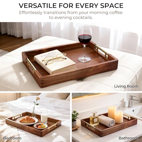 Acacia Wood Serving Tray with 2 Sets of Handles (Gold & Silver) - 17" Large Wooden Tray for Ottoman Coffee Table, Decorative Tray for Living Room & Kitchen - Solid Wood Table Topper