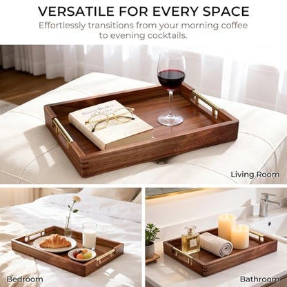 Acacia Wood Serving Tray with 2 Sets of Handles (Gold & Silver) - 17" Large Wooden Tray for Ottoman Coffee Table, Decorative Tray for Living Room & Kitchen - Solid Wood Table Topper