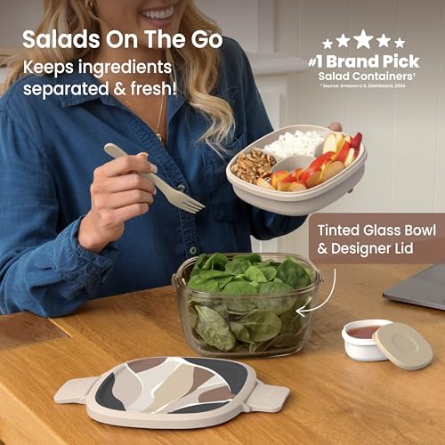 Bentgo Glass Prints Salad Container - 7.6-Cup Tinted Glass Salad Bowl with Airtight Lid, Leak-Proof Sauce Container, 4-Compartment Bento Meal Prep Tray & Reusable Fork (Inky Abstract - Neutrals) - color: Inky Abstract - Neutrals