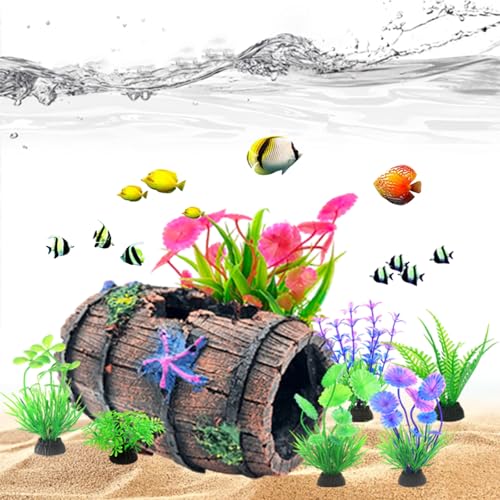 Fish Tank Decorations kit, Aquarium Decor Starfish Broken Barrel x 1pc, Fish Tank Accessories Aquatic Plants x 7pcs