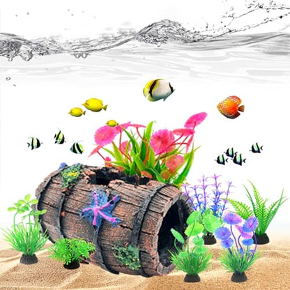 Fish Tank Decorations kit, Aquarium Decor Starfish Broken Barrel x 1pc, Fish Tank Accessories Aquatic Plants x 7pcs