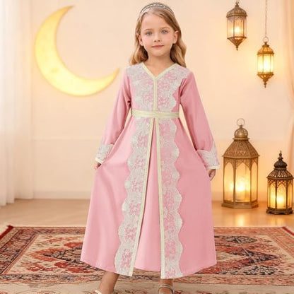 FYMNSI Kids Girls Muslim Abaya Dress Modest Lace Belted Prayer Dress Islamic Maxi Robe Kaftan Ramadan Arabian Dubai Clothes - color: Pink, size: 6-7 Years