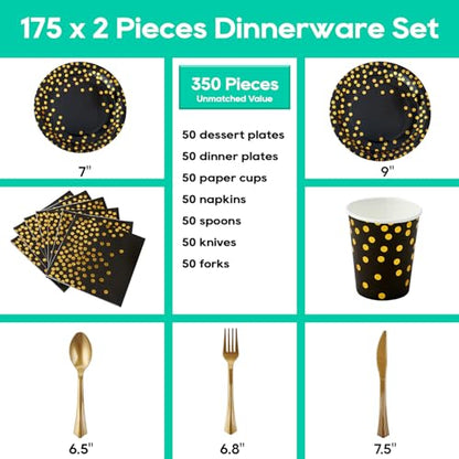 Black and Gold Party Supplies - 350 PCS Disposable Dinnerware Set - Black Paper Plates Napkins Cups, Gold Plastic Forks Knives Spoon for Halloween, Graduation, Birthday, Cocktail Party - color: Black & Gold