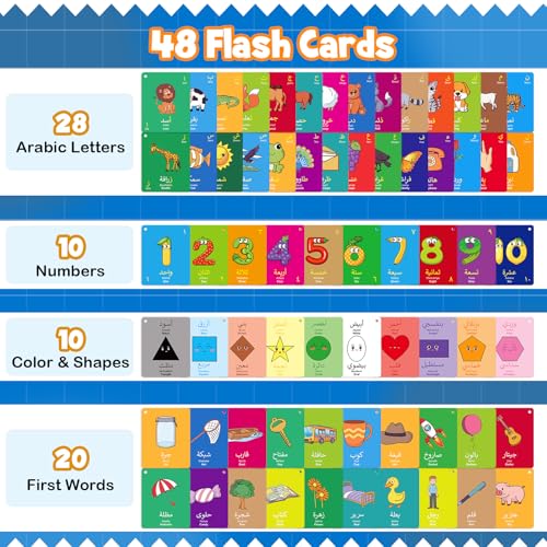 48 Arabic Toddler Flash Cards, Baby Cognitive Flashcards for Kids, Learn Arabic Letters, Number, Color, Shape & Sight Words, Educational Toys with English Transliteration for Preschool Kindergarten