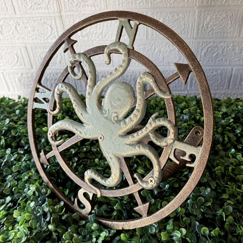 Zeckos Garden Hose Holder Octopus Compass 12 Inch Cast Iron Bronze | Verde Patina Detail, Nautical Compass Rose Motif, 5.5 Inch Deep, Matching Screws - color: Octopus Compass - Bronze