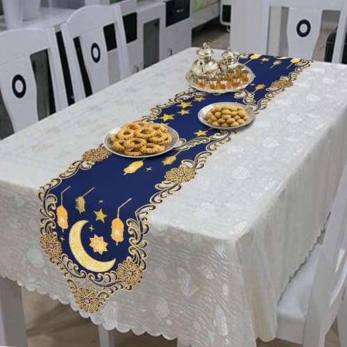 Simhomsen Embroidered Decorative Ramadan Kareem Eid Mubarak Table Runner, Navy Blue and Gold, Ramadan Lantern Design (14 x 69 inches) - size: 14 x 69 inches