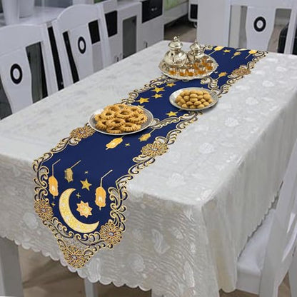 Simhomsen Embroidered Decorative Ramadan Kareem Eid Mubarak Table Runner, Navy Blue and Gold, Ramadan Lantern Design (14 x 54 inches) - size: 14 x 54 inches
