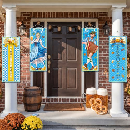 Panelee 4 Pcs Oktoberfest Party Decorations Oktoberfest Prosit Couple Porch Banners Bavarian Hanging Banner Backdrop for German Theme Beer Festival Indoor Outdoor Wall Hanging Decor - style: Oktoberfest
