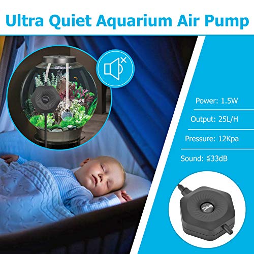hygger Ultra Silent 1.5W Fish Bowl Aqaurium Mini Air Pump with Accessories, Oxygen Aerator Kit for Fish Tank 0.5-15 Gallon, Comes with 3/16 Inch Air Tubing, Air Stone, AC 110V/60HZ - color: Black
