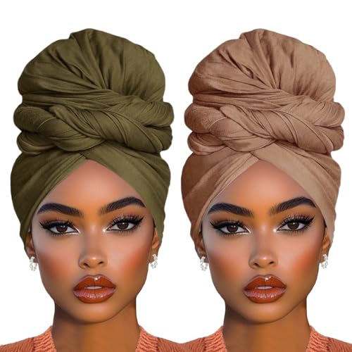 COOKOO 2 Piece Stretch Head Wraps Jersey Turban Long Solid Color African Women's Head Scarf Long Scarf Fashion Head Scarfs Lightweight Breathable Headbands for Women(Camel+Army Green) - color: Camel+Army Green
