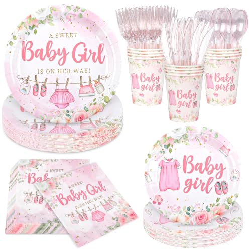 168pcs Pink Baby Girl Baby Shower Plates and Napkins Decorations, Floral Sweet Baby Girl Party Supplies for Gender Reveal, Paper Plate, Napkin, Cup, Disposable Cutlery, Serves 24(Pink) - color: Pink