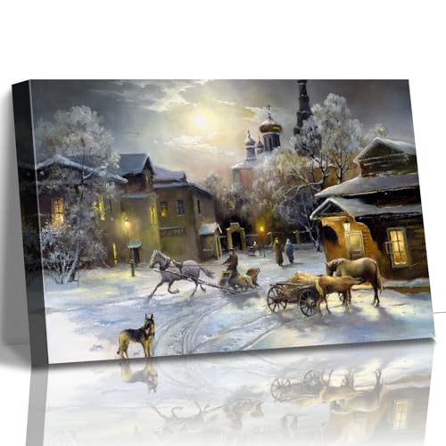 STUDIO HAVEN Thomas Kinkade Canvas Wall Art, Winter Village Moonlit Scene Horse-Drawn Sleigh and Dog Oil Painting Poster Rustic Wall Decor, Framed Prints for Home Decor, 16x12Inch - color: Thomas016, size: 16"L x 12"W