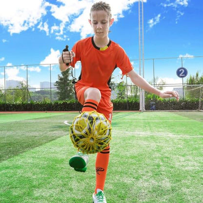 PodiuMax Handle Solo Soccer Kick Trainer with New Ball Locked Net Design, Soccer Ball Bungee Elastic Training Juggling Net (Fits Ball Size 3, 4, 5) - color: yellow