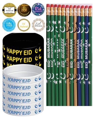 448 Pcs Eid Mubarak Pencils Wristbands Stickers Set Eid Pencils Eid Wristbands Eid Stickers Eid Mubarak Party Ramadan Gift for Muslims (Eid Pack) - color: Eid Pack