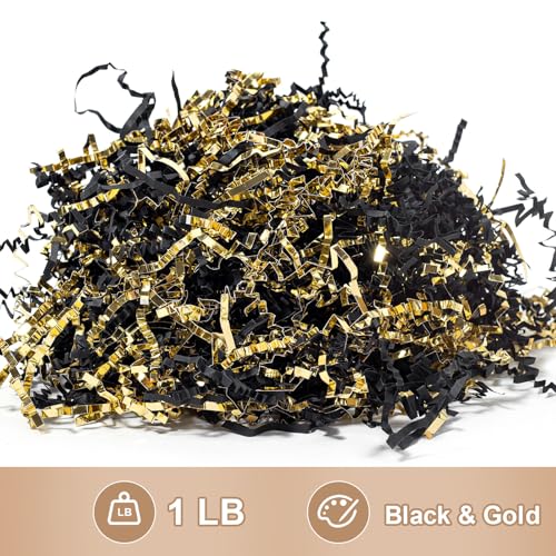 Wowxyz 1 LB Crinkle Cut Paper Shred Black & Gold Crinkle Shredded Paper for Gift Baskets - Gift Box Bag Filler - Confetti Stuffing for Birthday, Holiday Present Packaging Wrapping - color: Black and Gold