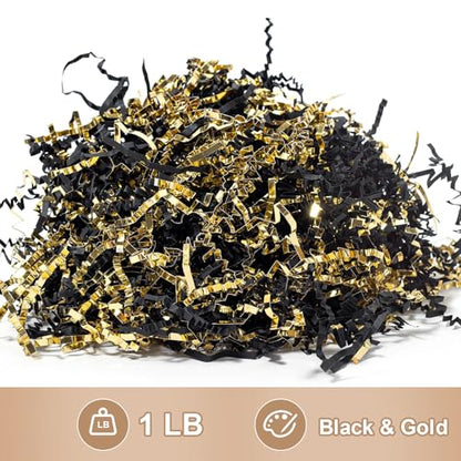 Wowxyz 1 LB Crinkle Cut Paper Shred Black & Gold Crinkle Shredded Paper for Gift Baskets - Gift Box Bag Filler - Confetti Stuffing for Birthday, Holiday Present Packaging Wrapping - color: Black and Gold