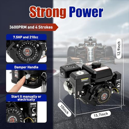 7.5 HP Gas Engine Kart Engine 210cc Single Cylinder Four Stroke Gas Engine 3600rpm Recoil/Electric Starter Motor High Efficiency Cooling System