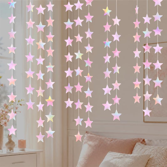 Iridescent Pink Shining Star Hanging Garland Pink Holographic Hanging Sparkling Star Streamer Glitter Star Banner Twinkle Star Backdrop for Wedding Baby Shower Birthday Christmas Decorations 40 Feet - color: Iridescent Pink