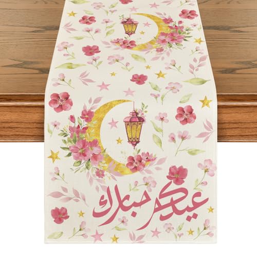 Artoid Mode Pink Ramadan Moon Latern Leaves Floral Table Runner, Seasonal Kitchen Dining Table Decoration for Home Party Decor 13x72 Inch - color: Pink