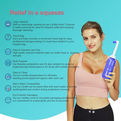 페리 보틀 450ml 산후 회 클렌징 병, 여성 케어 산후 회 클렌징 425.2g(15온스) 휴대용 비데 여행용 비데 방수 보관 가방 포함 (핑크+블루) - size: 2 pcs x 450 ml